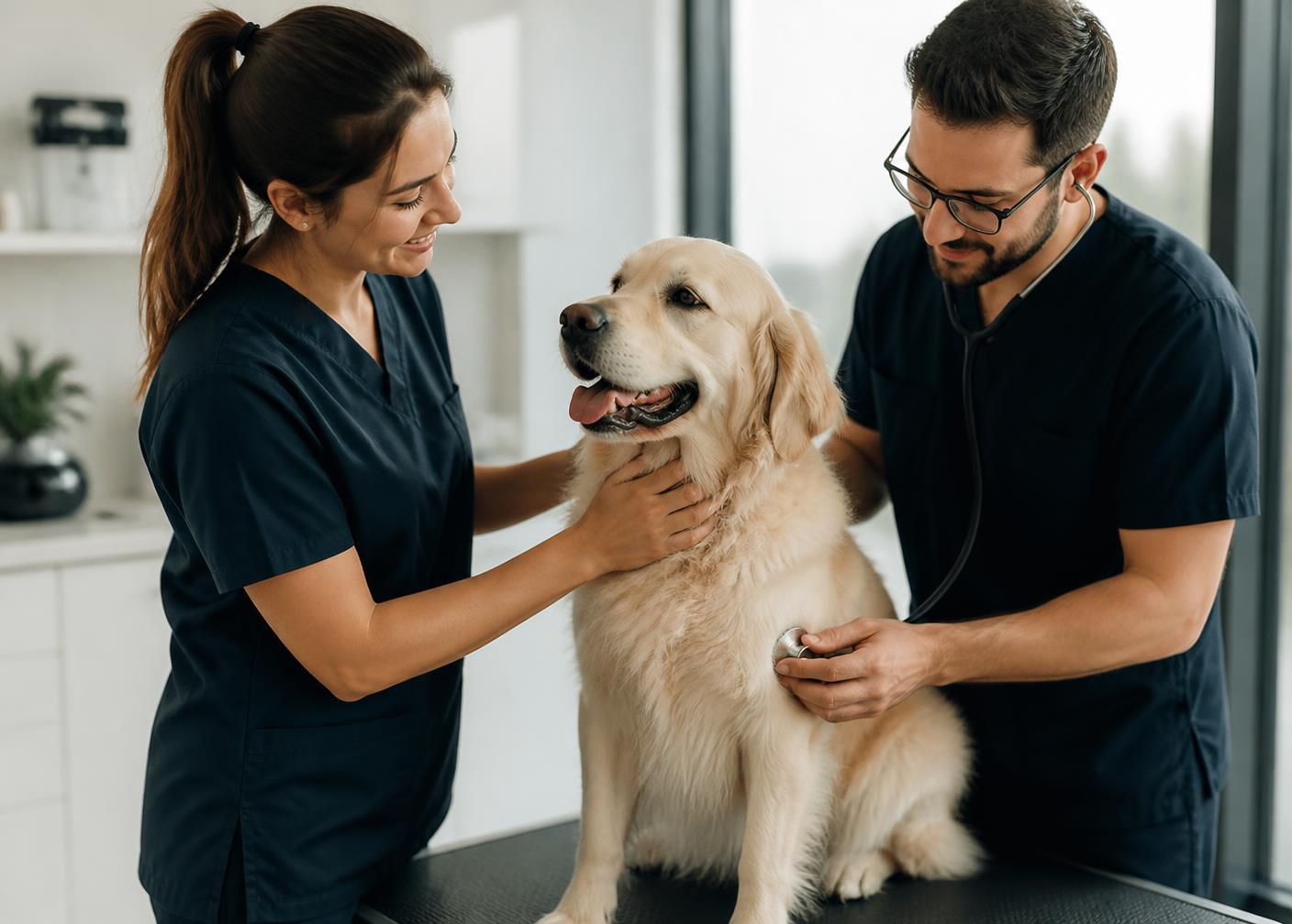 Dos veterinarios atienden juntos a un perro en una clínica luminosa